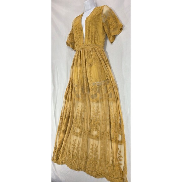 Honey Punch Womens Lace Maxi Romper Sheer V-Neck Dress Yellow Size S Fairy Boho - Picture 7 of 15